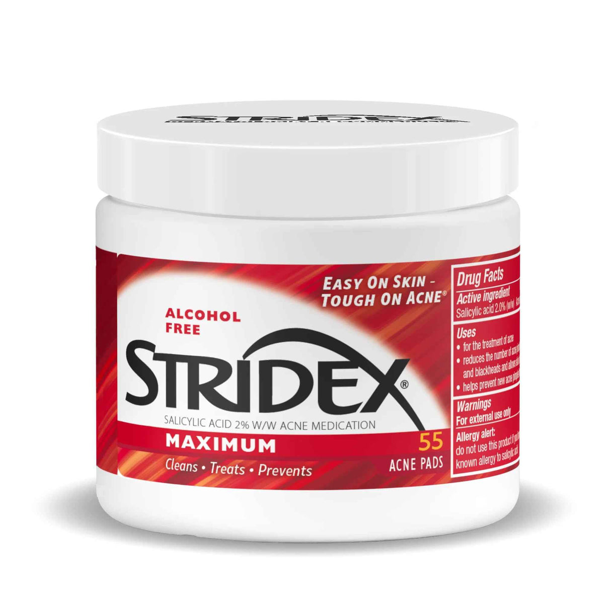 Stridex Medicated Acne Pads, Maximum, 55 Count - Facial Cleansing Wipes, Alcohol Free