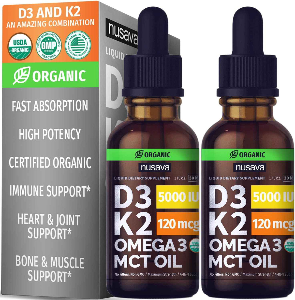 NUSAVA Unflavored D3 K2, Strawberry Flavored D3 K2 & Vitamin B12 Liquid Drops Bundle - Daily Wellness Liquid Vitamins for Energy & Immune Support - Non-GMO, Gluten-Free, 2pk Each
