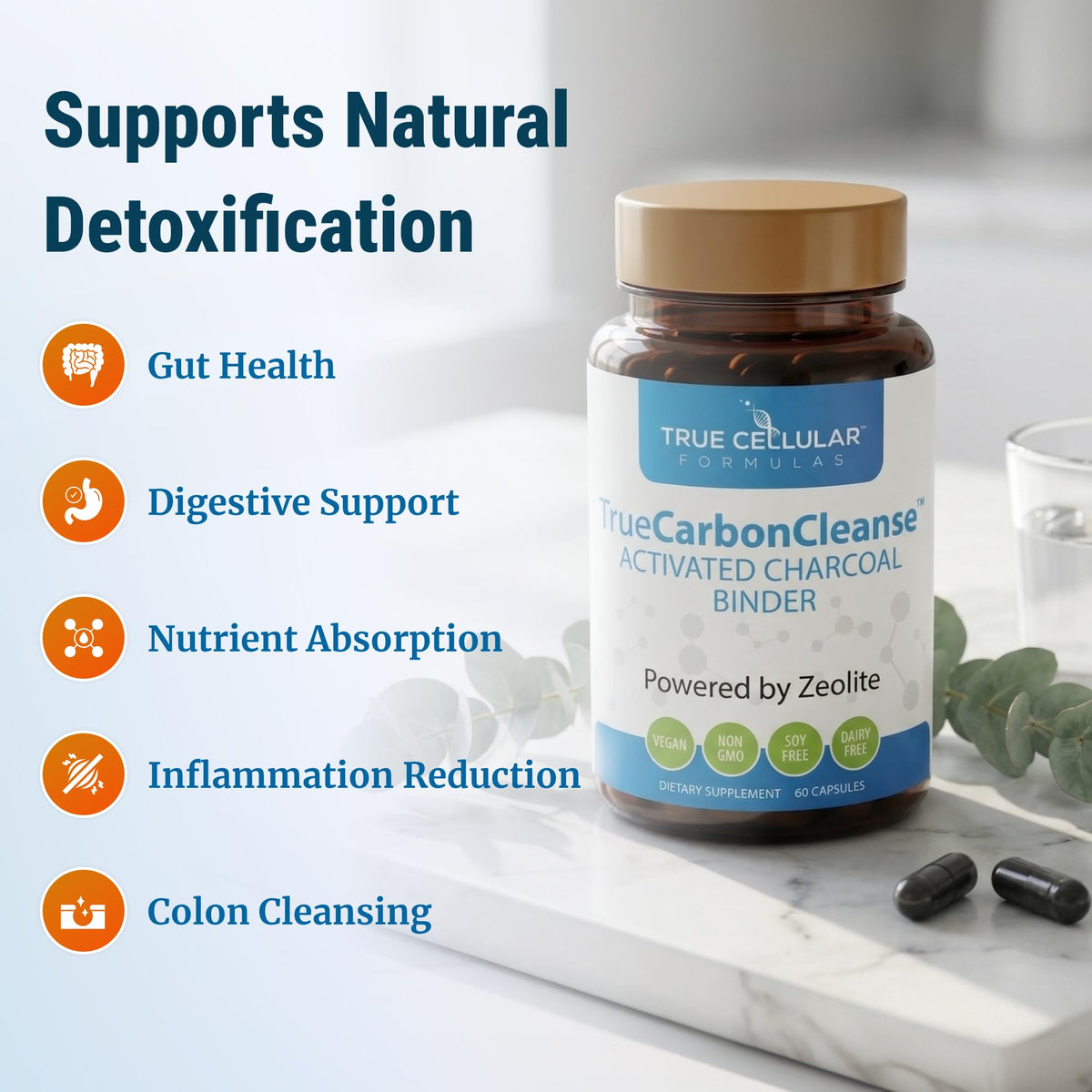 Gut Detox & Liver Cleanse - Organic Activated Charcoal Capsules with Clinoptilolite Zeolite Binder - TrueCarbonCleanse Carbon Supplement - 60 Bamboo Charcoal Pills