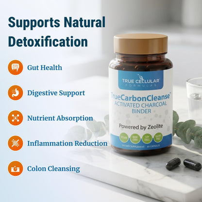 Gut Detox & Liver Cleanse - Organic Activated Charcoal Capsules with Clinoptilolite Zeolite Binder - TrueCarbonCleanse Carbon Supplement - 60 Bamboo Charcoal Pills