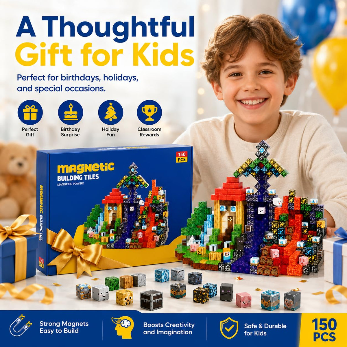 Magnetic Building Blocks 150PCS, 0.8in Stacking Cubes STEM Toy Kids Ages 3+