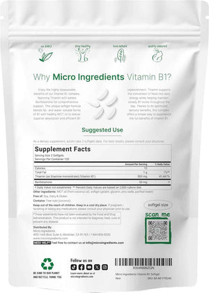 Micro Ingredients Vitamin B1 Thiamine 500mg with Benfotiamine & MCT Oil, 240 Softgels - Highly Bioavailable Thiamine Supplement for Energy & Nervous System Support* - Non-GMO, Soy Free