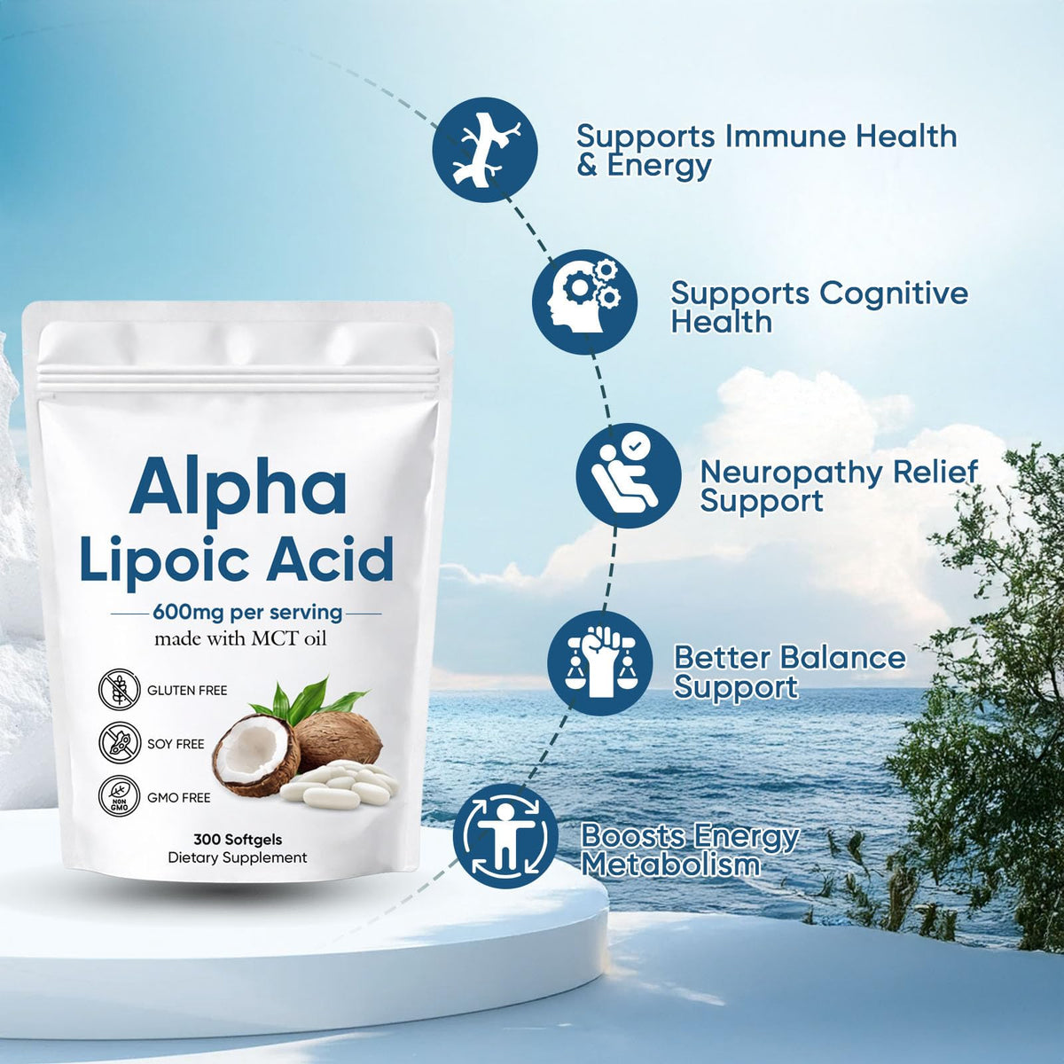 Aacnre Alpha Lipoic Acid 600mg with MCT Oil, Antioxidant Support for Nerve, Energy & Cellular Health, Non-GMO, Vegan, Gluten Free, 300 Softgels