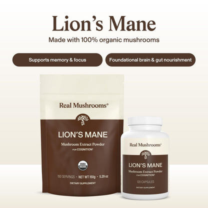 Real Mushrooms Lions Mane Mushroom Cognition (120 Capsules) Lions Mane Mushroom Powder Extract Capsules - Brain Supplement, Brain Vitamins, Focus Supplement