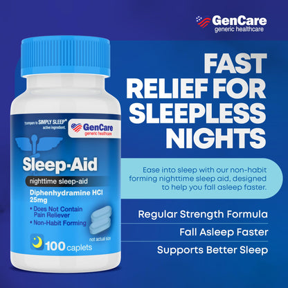GenCare Sleep Aid Diphenhydramine HCl 25mg Caplets, 100 Count