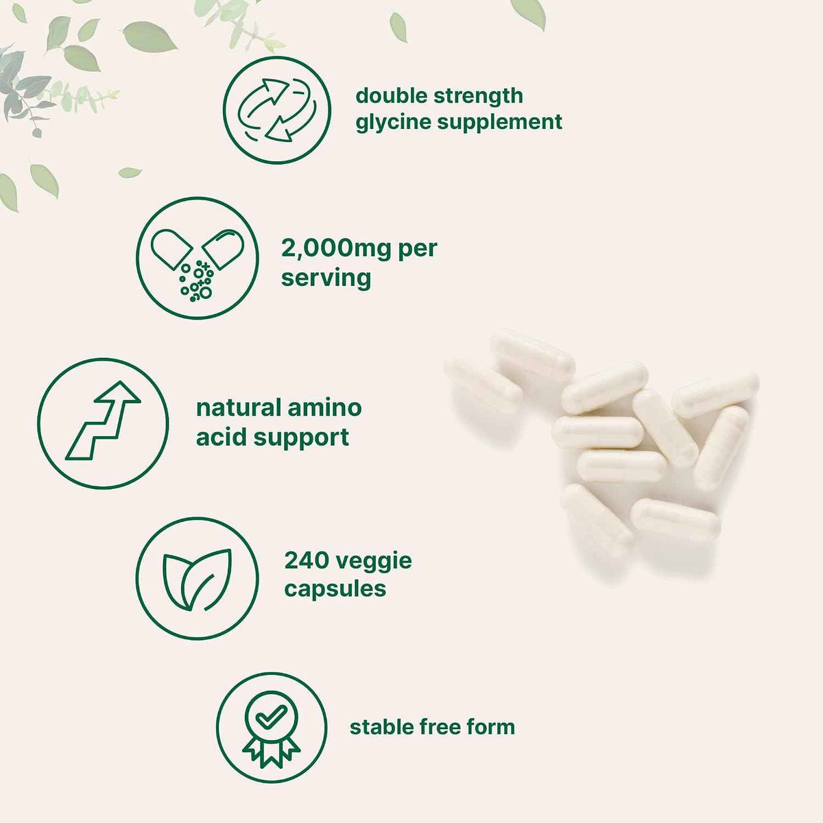 Glycine 2,000mg Per Serving, 240 Veggie Capsules - Free Form - Double Strength Amino Acids - Restful Sleep and Neurotransmitter Support Supplements - Non-GMO, Gluten Free