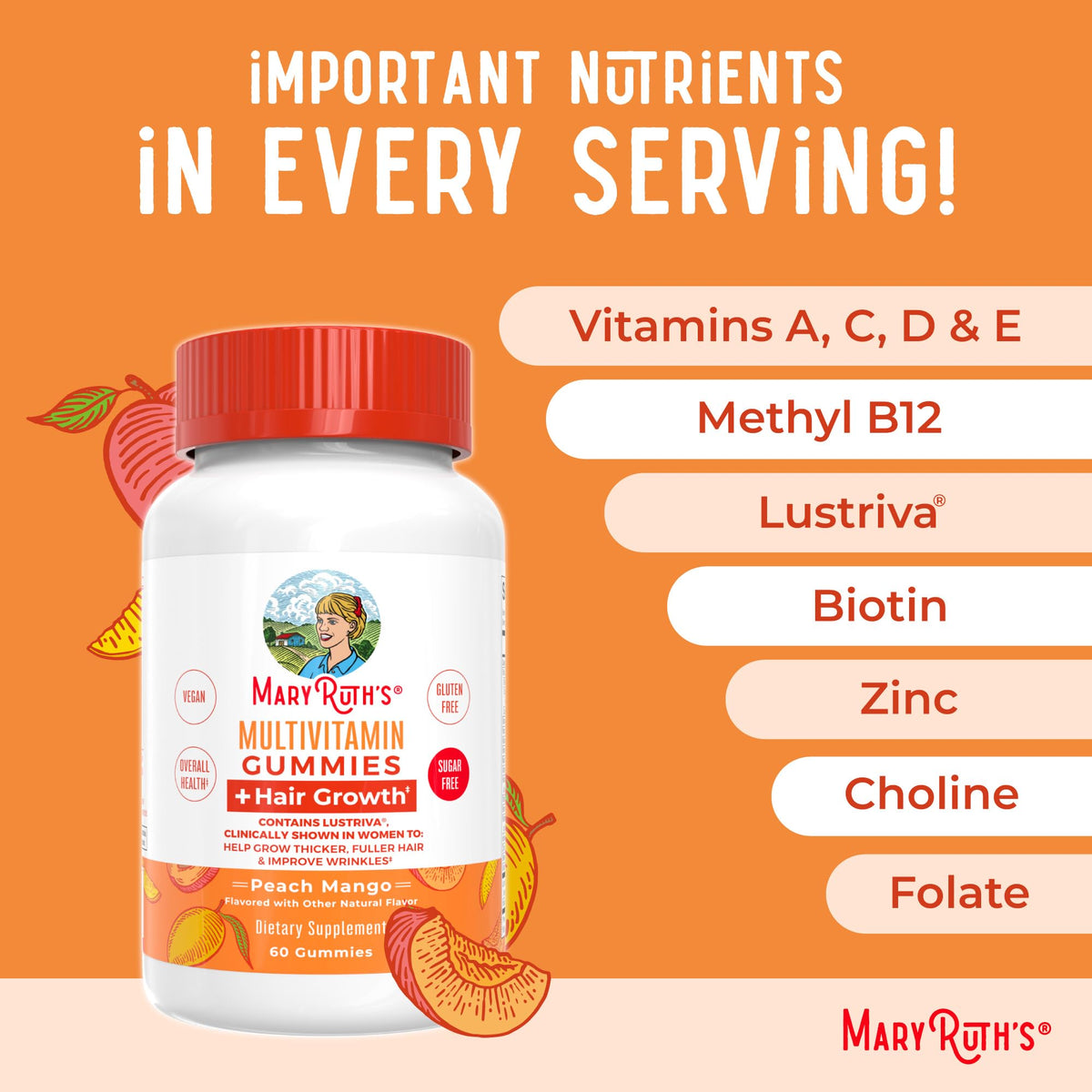 MaryRuth's Multivitamin + Hair Growth Gummies - with Lustriva - Biotin 10000mcg - B Vitamins - Formulated for Thicker Hair, Wrinkles, Fine Lines, Skin Care - Ages 18+ - 30 Servings