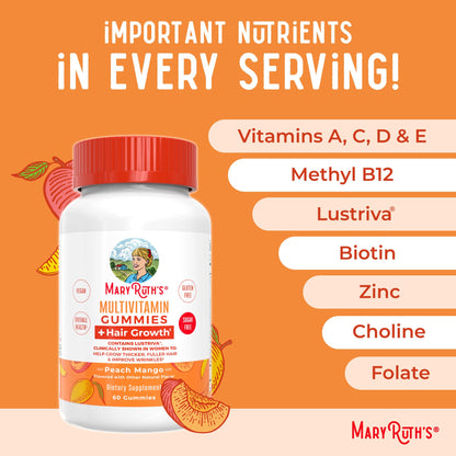MaryRuth's Multivitamin + Hair Growth Gummies - with Lustriva - Biotin 10000mcg - B Vitamins - Formulated for Thicker Hair, Wrinkles, Fine Lines, Skin Care - Ages 18+ - 30 Servings
