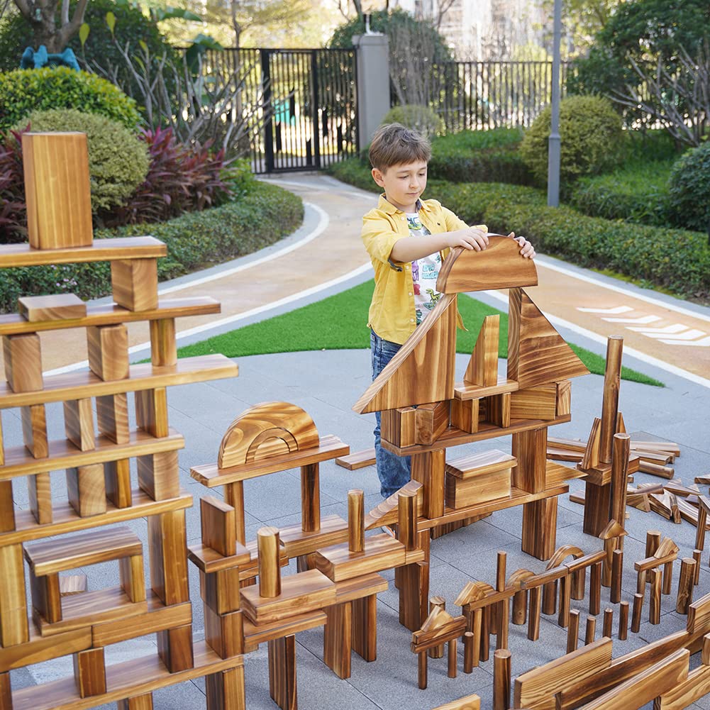 Small Outdoor Wooden Building Blocks 67 Pcs for Kids– Carbonized Pine Construction Set, Smooth Sensory Blocks for Preschool, Daycare, Homeschool, STEM Building Toys Fine Motor Skills (18.7lbs/8.5kg)