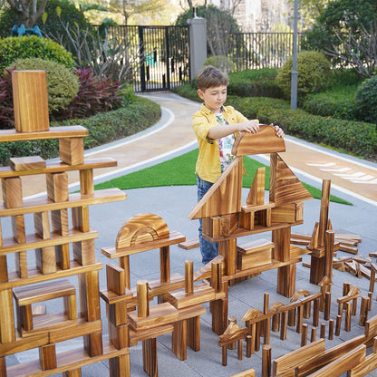 Small Outdoor Wooden Building Blocks 67 Pcs for Kids– Carbonized Pine Construction Set, Smooth Sensory Blocks for Preschool, Daycare, Homeschool, STEM Building Toys Fine Motor Skills (18.7lbs/8.5kg)