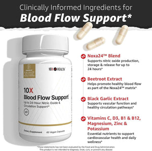 10X Health Nitric Oxide Supplement - 60 Vegan Capsules - Beetroot Extract Supplement: Beetroot Extract & Noxa24, 24-Hour Circulation Support, Vegan