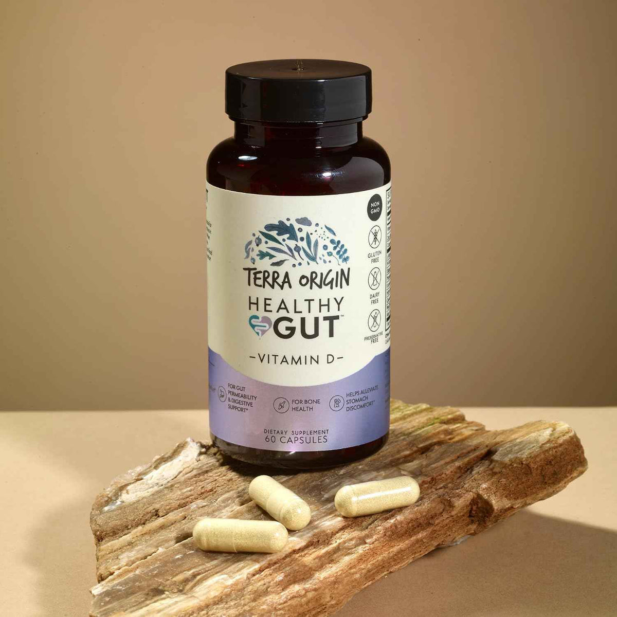 TERRA ORIGIN Healthy Gut with Vitamin D 5000 IU - 60 Capsules - Gut Health Supplements for Men and Women - Supports Digestion and Gas