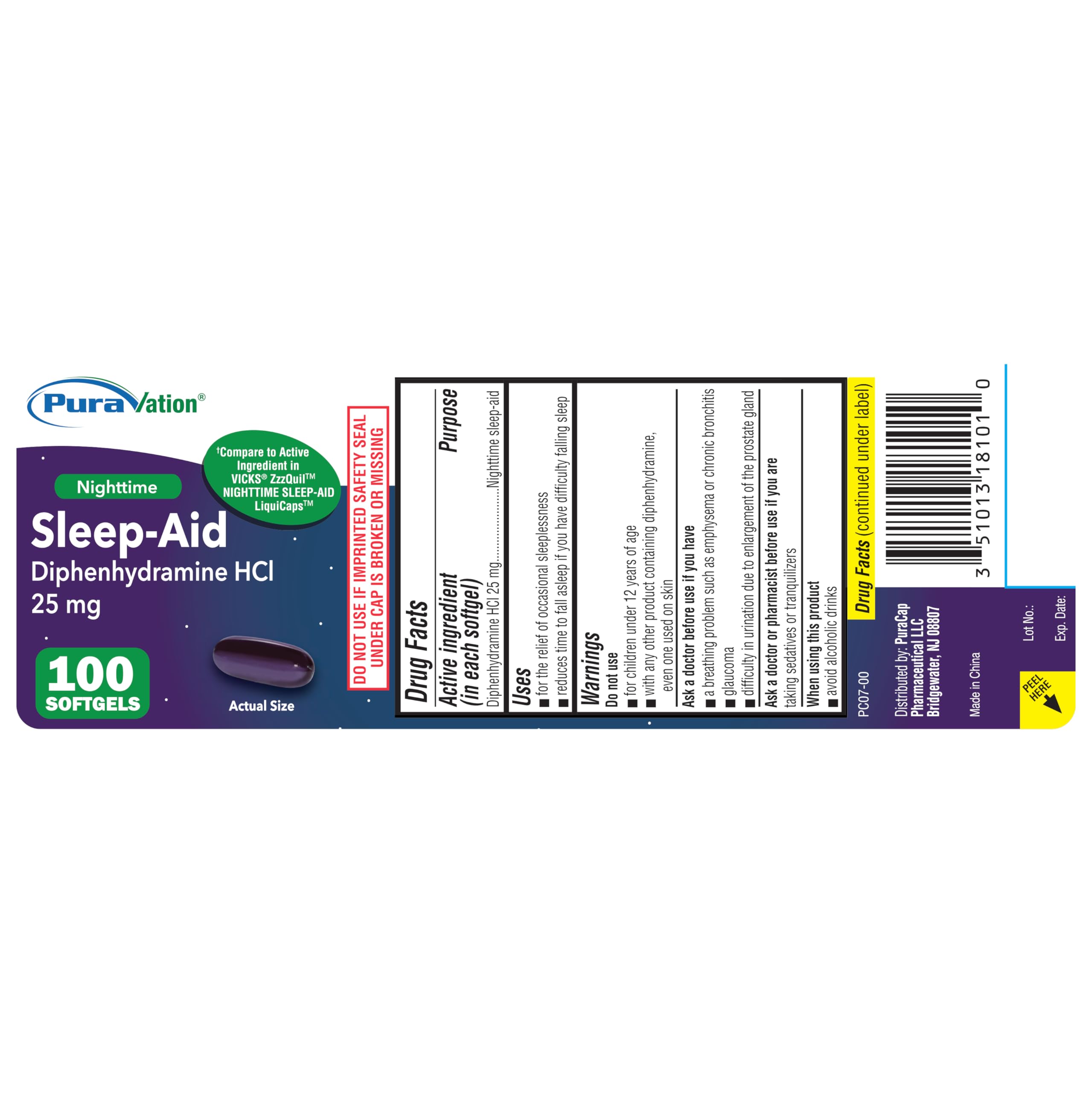 PURAVATION Nighttime Sleep Aid Softgels, Diphenhydramine 25mg, Supports Deeper, Restful Sleeping, Non-Habit-Forming, 100 Count