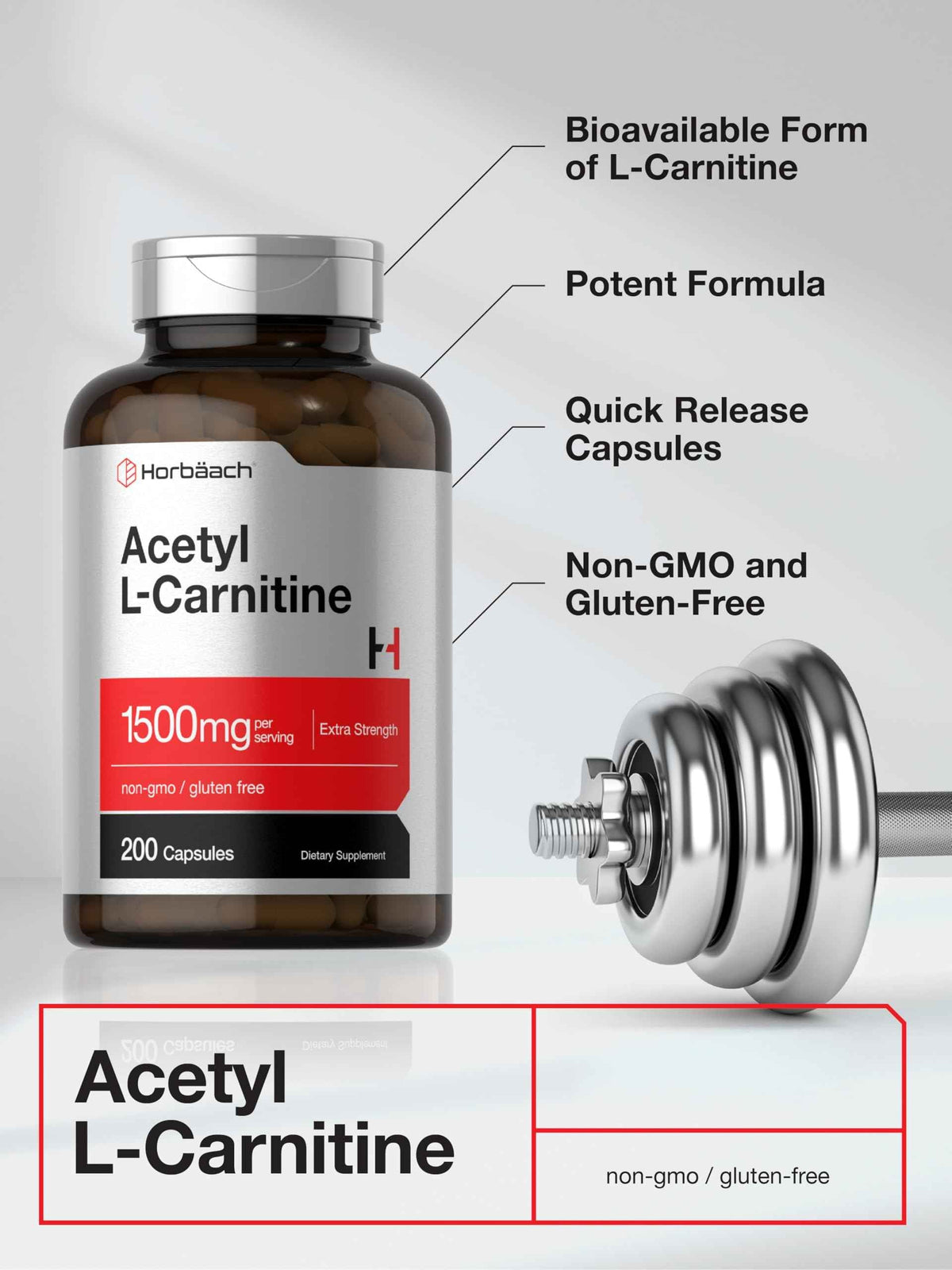 Horbäach Acetyl L-Carnitine 1500mg | 200 Capsules | Extra Strength Supplement | Non-GMO & Gluten Free