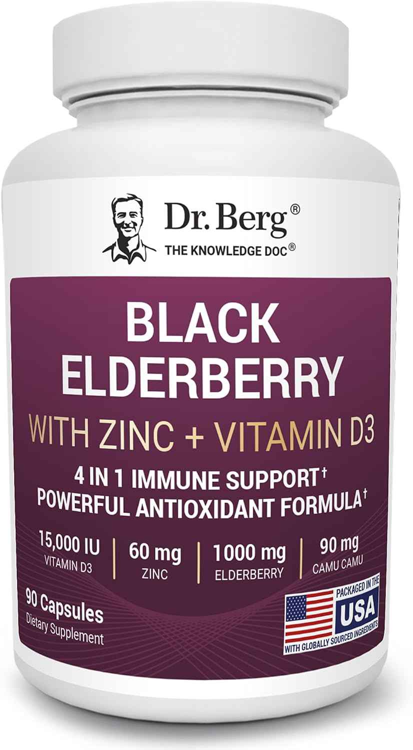 Dr. Berg Black Elderberry Capsules (Advanced Immune Support*) with 15,000 IU Vitamin D, 60 mg of Zinc, & 90 mg of Camu Camu - (4-in-1) Sambucus Elderberry Immune Support Supplement - 90 Capsules