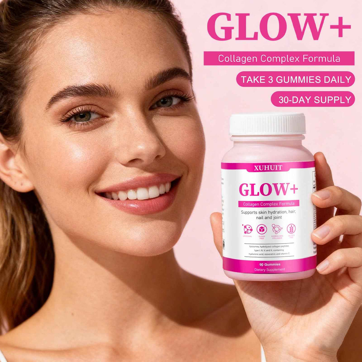 PBZPBZ Glow Collagen Gummies with Hyaluronic Acid & Resveratrol - Gentle Support for Skin, Hair & Nail Care - Non-GMO - 90 Count (1)