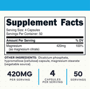 Type Zero Clean Magnesium Citrate (420mg) 200 Capsules, Gluten-Free - Pure Magnesium Citrate Supplement, GMO-Free, 50 Servings
