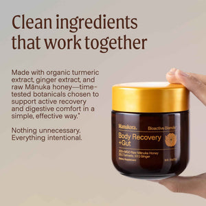 Manukora Body Recovery + Gut Supplement, Turmeric & Ginger with Manuka Honey, Supports Recovery, Gut Health & Digestive Comfort, Improved Absorption, 3rd-Party Tested, Non-GMO, 225g Jar