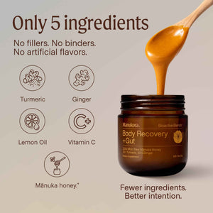 Manukora Body Recovery + Gut Supplement, Turmeric & Ginger with Manuka Honey, Supports Recovery, Gut Health & Digestive Comfort, Improved Absorption, 3rd-Party Tested, Non-GMO, 225g Jar