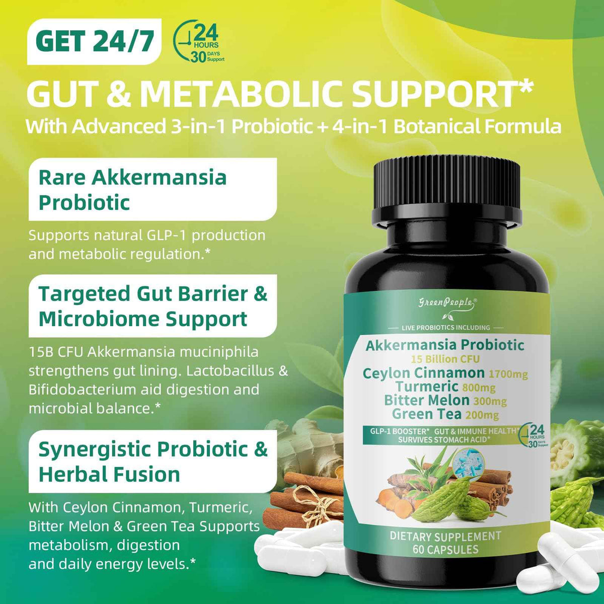 GREENPEOPLE Akkermansia Probiotics 15B CFU for Gut Function, 60CT Probiotics Supplement with Ceylon Cinnamon, Turmeric - Digestive Health & Metabolic Support