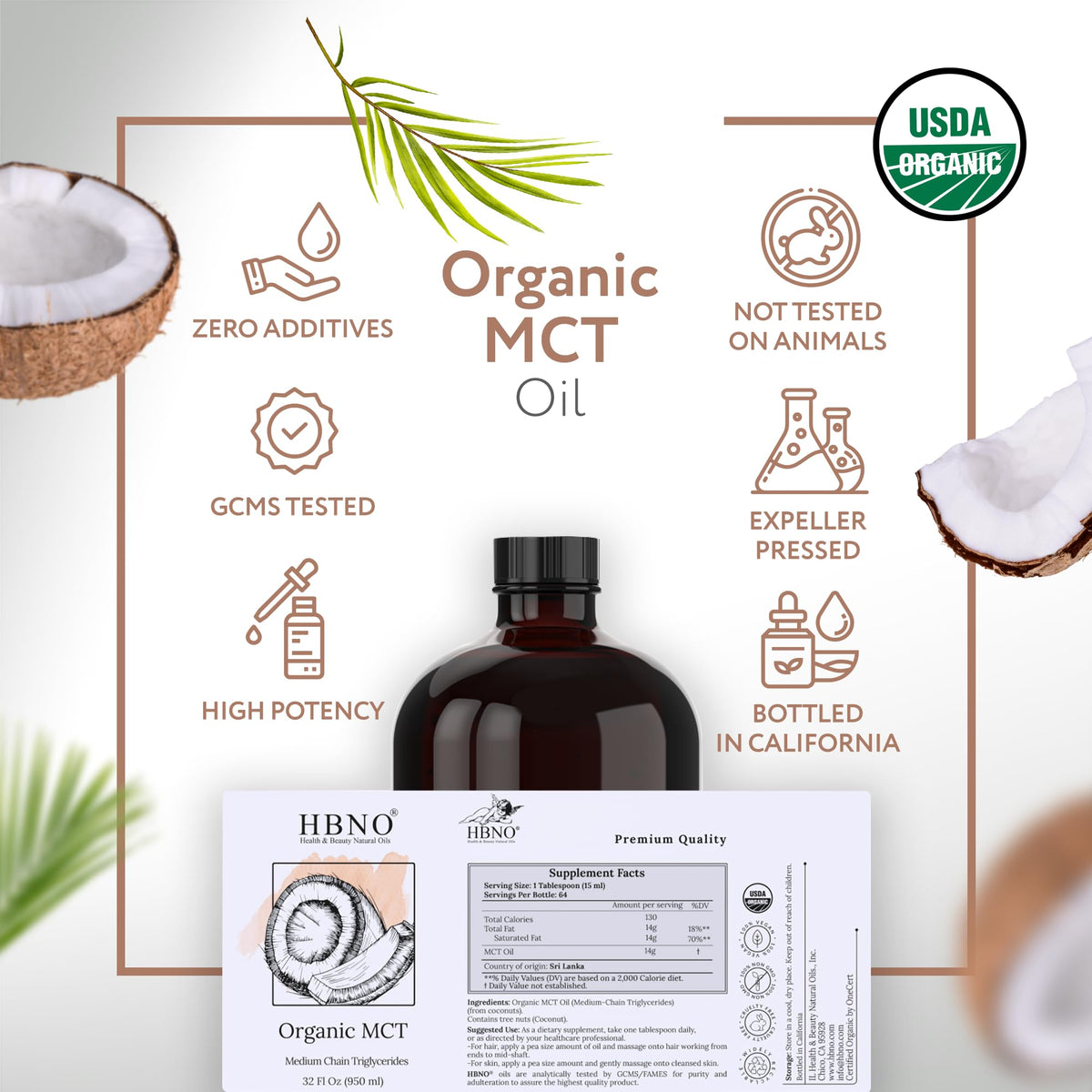 HBNO Organic MCT Oil - 32 oz (950ml) Value Size - Ideal for Salad dressings, Lip balms, Face wash, Lotions, Skincare, and hair care products.