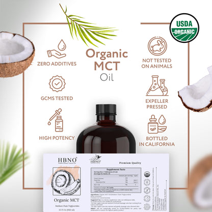 HBNO Organic MCT Oil - 32 oz (950ml) Value Size - Ideal for Salad dressings, Lip balms, Face wash, Lotions, Skincare, and hair care products.