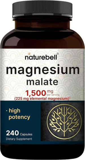 NatureBell Magnesium Malate 1,500mg, 240 Capsules - Chelated for High Absorption - Energy & Nervous System Support - Non-GMO, Gluten-Free