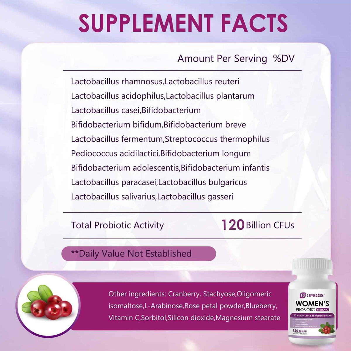 OMOGS Women's Probiotic, with Cranberry Extract, Organic Prebiotics & Vitamin C, 120 Billion CFUs,18 Strains, Help for Boost Immune, Digestive, Gut Health & Women's Health,120 Tablets