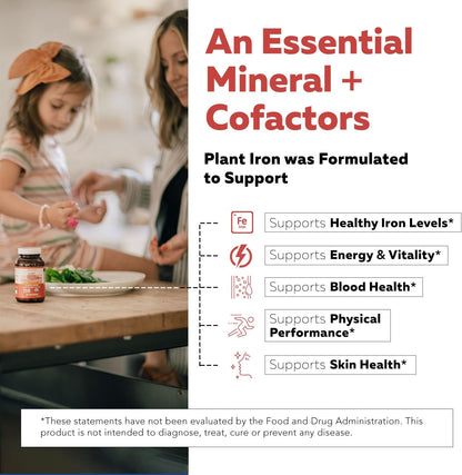 Organic Iron Supplement - Whole Food Mineral & Cofactors, 25 mg Elemental - Enhanced Absorption Plus Blood Health Vitamins - Gentle Form - Supports Healthy Levels & Blood Health - 90 Capsules