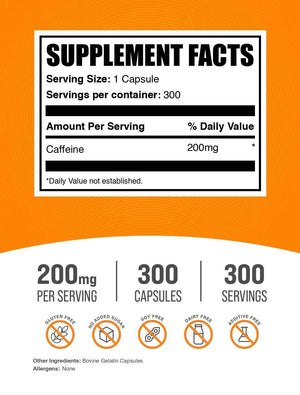 BulkSupplements.com Caffeine 200mg Capsules - Supplement for Energy Boost, Caffeine Pills 200mg - Gluten Free, 1 Capsule per Serving, 120 Count (Pack of 1)