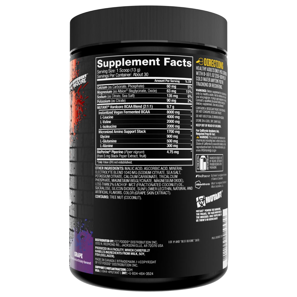 Mutant Hardcore BCAA - Pre, Intra or Post Workout - BCAA Next Level branched-Chain Amino Acids Supplement - Hydration + Recovery - 30 Serving - Blue Raspberry