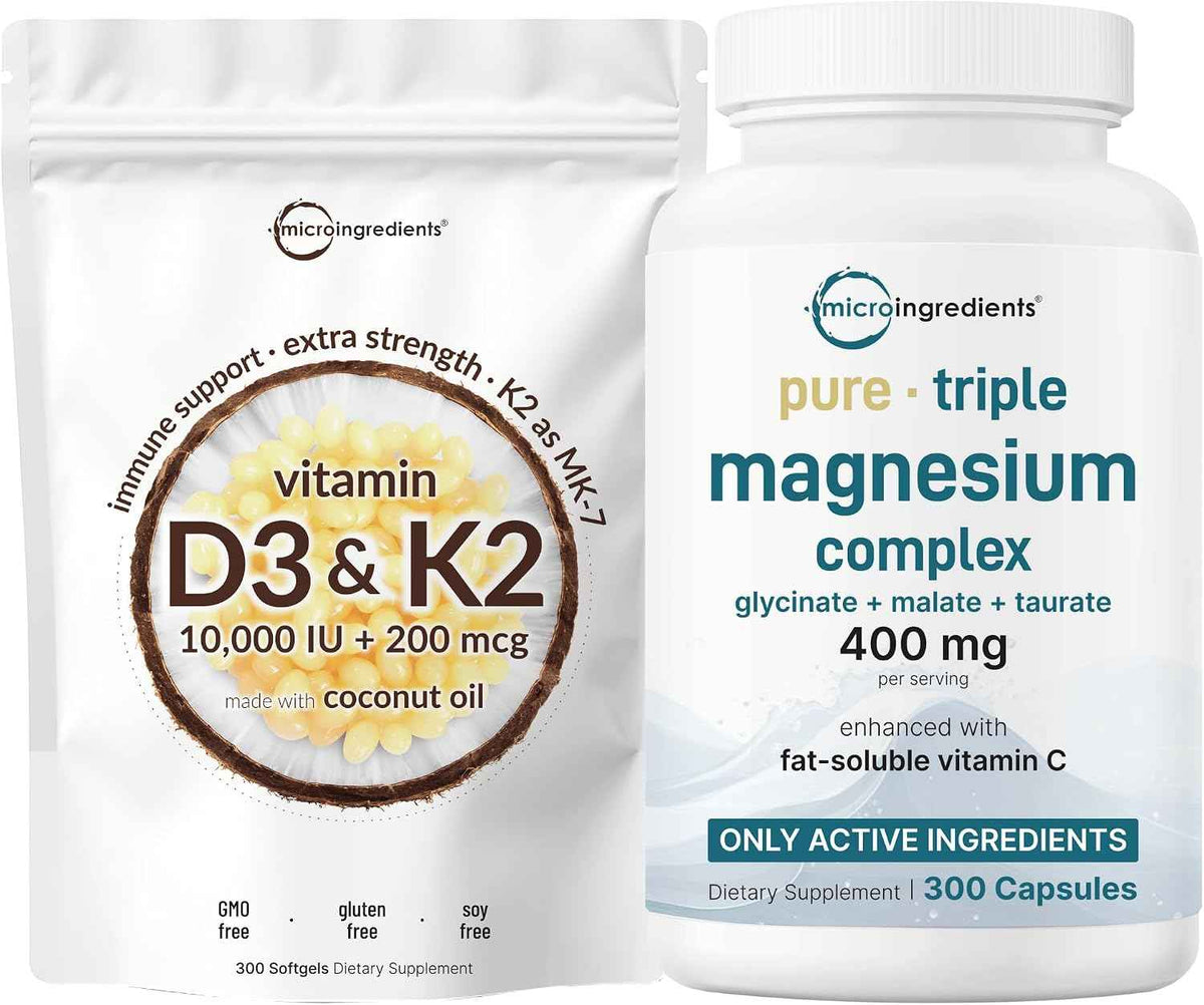 Micro Ingredients Vitamin D3 10,000iu + K2 200mcg Softgels & Pure Triple Magnesium Complex 400mg Capsules - 2 Pack Bundle - Essential D & K Sunshine Vitamins - Glycinate, Malate, & Taurate Forms