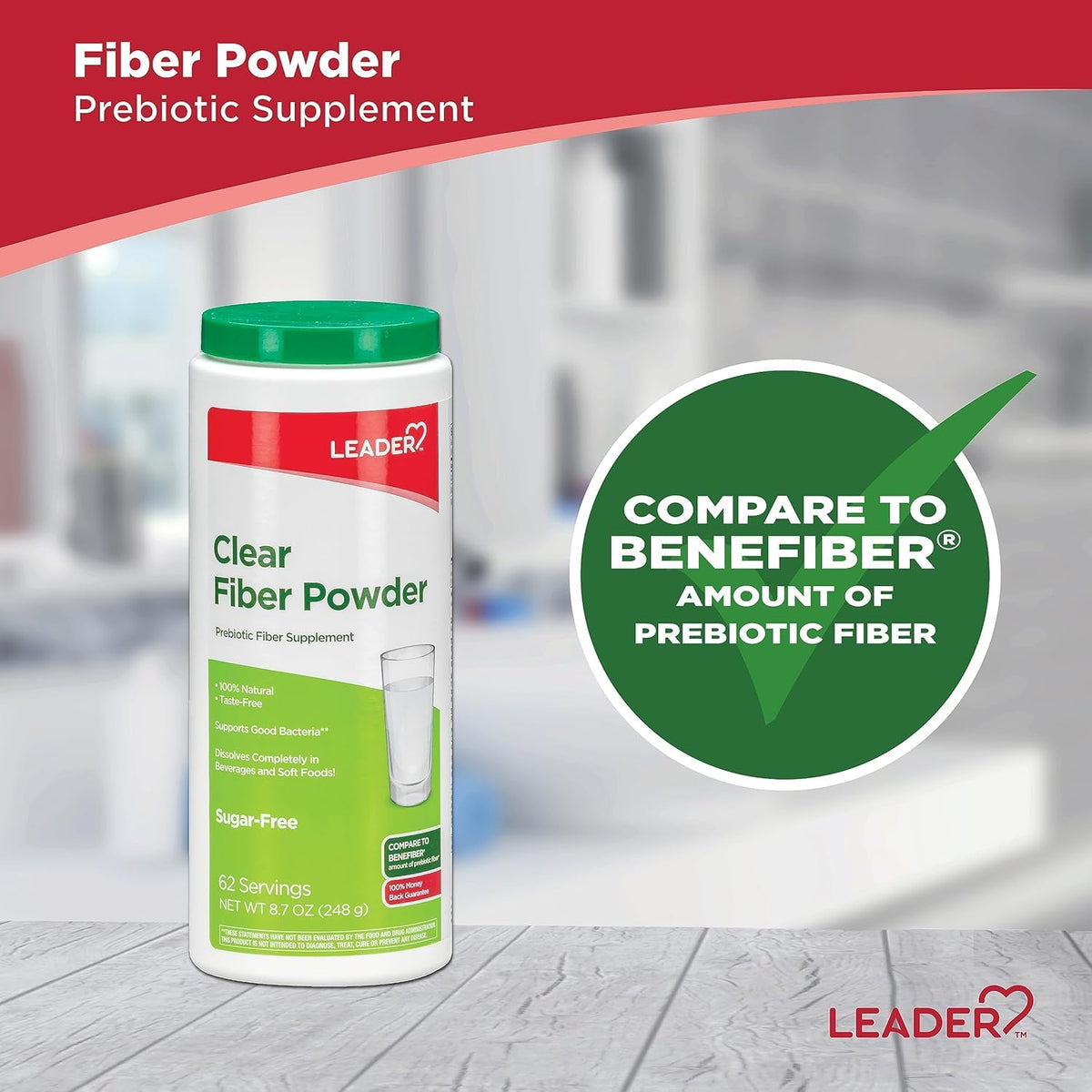 Leader Prebiotic Fiber Supplement Powder for Digestive Health, 100% Natural Daily Fiber Powder, Sugar-Free, Taste-Free, Gluten Free, Non-GMO, Unflavored, 62 Servings (8.7 OZ) (Pack of 2)