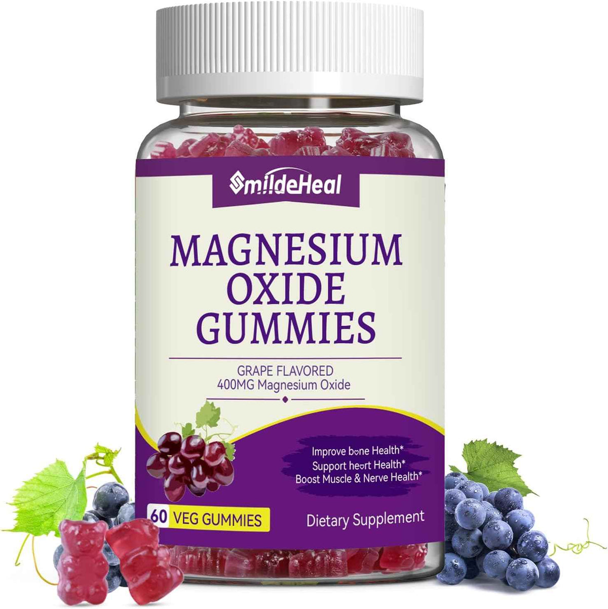 Magnesium Oxide Gummies 400mg - Magnesium Gummies for Women & Adults - Chewable Magnesium Supplement for Nerve & Muscle Support* - Sugar-Free, Vegan - 60 Gummies