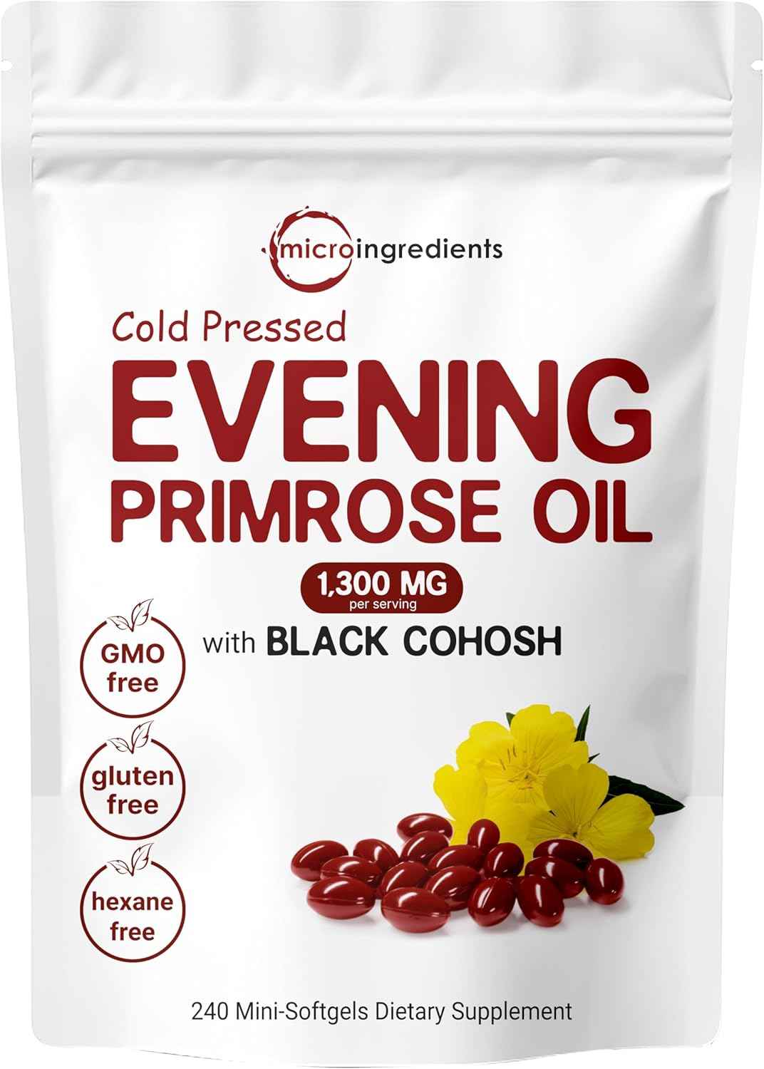 Evening Primrose Oil 1300mg Per Serving, 240 Softgels - Enhanced with 40mg Black Cohosh Extract, Cold Pressed - 10% Active GLA, Non-GMO, No Gluten, Easy to Swallow