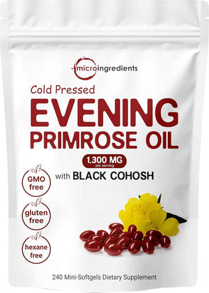 Evening Primrose Oil 1300mg Per Serving, 240 Softgels - Enhanced with 40mg Black Cohosh Extract, Cold Pressed - 10% Active GLA, Non-GMO, No Gluten, Easy to Swallow