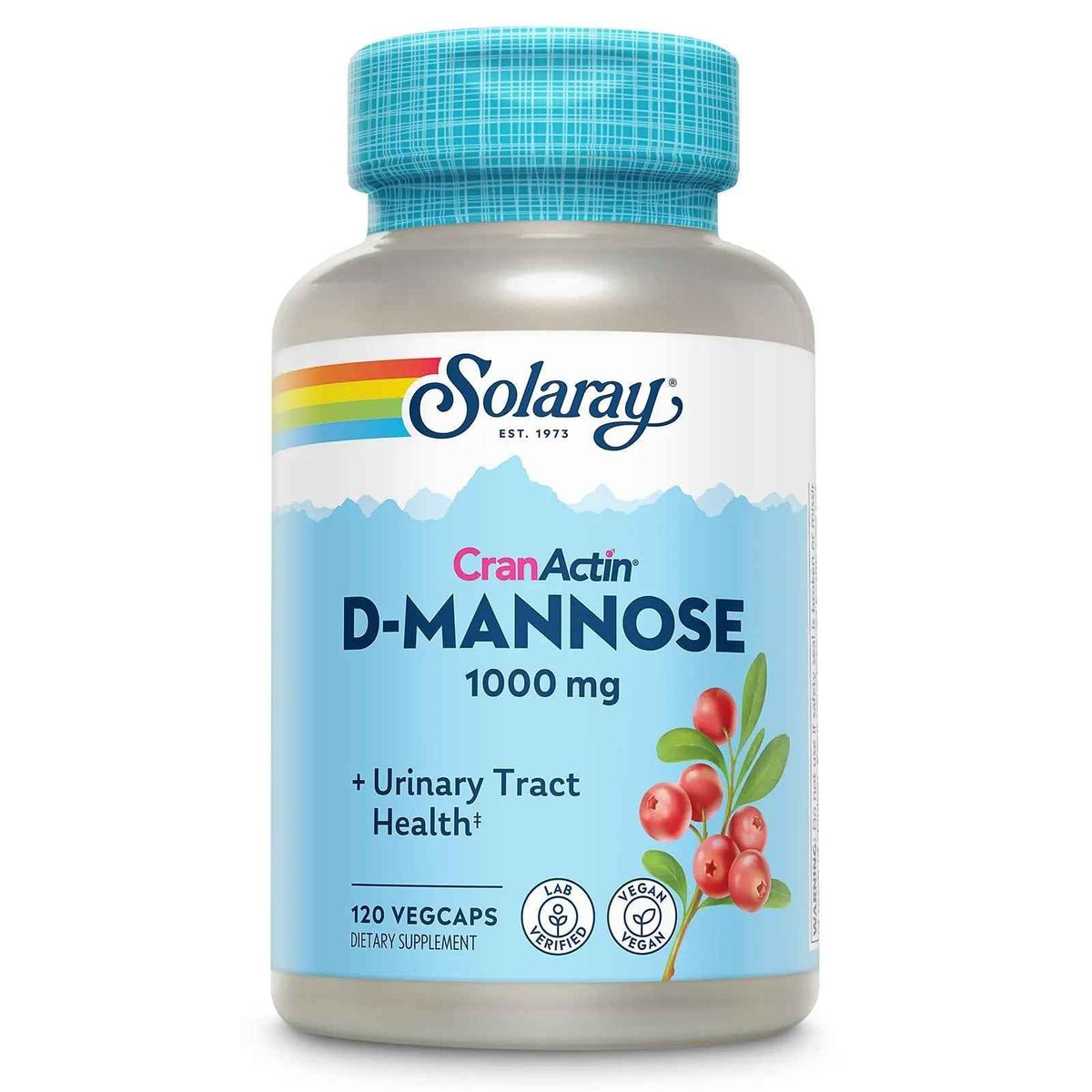 SOLARAY D-Mannose 1000mg with CranActin Cranberry Supplement 400mg, Urinary Tract Health & Bladder Support Capsules with Vitamin C, Vegan, 60 Day Guarantee, 60 Servings, 120 VegCaps (120 CT)