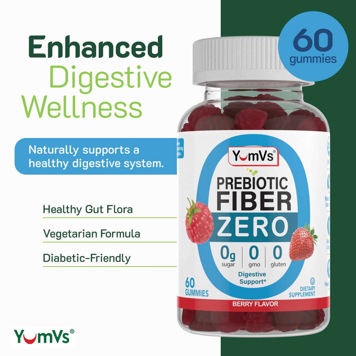 YumVs Sugar Free Prebiotic Fiber Gummies for Adults and Kids - Berry Flavor - Kosher Halal 4g High Fiber Supplement for Women and Men - Daily Fiber for Digestive Health (60 Count, 2PK)