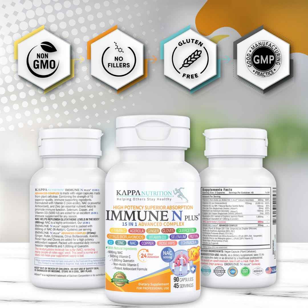 (90 Capsules), NAC 600mg, Quercetin 1,000mg, Vitamin C 500mg, Zinc 50mg, Vitamin D3 5,000iu, Selenium, Copper, Acerola, Ginger, Rutin, Citrus Bioflavonoids, Rose Hips, Echinacea, Immune N Plus 15 in 1