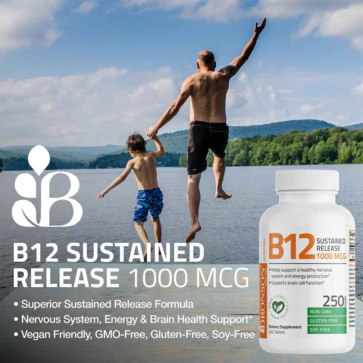 Bronson Vitamin B12 1000 mcg Sustained Release Premium Non GMO Tablets Supports Nervous System, Healthy Brain Function and Energy Production, 100 Count