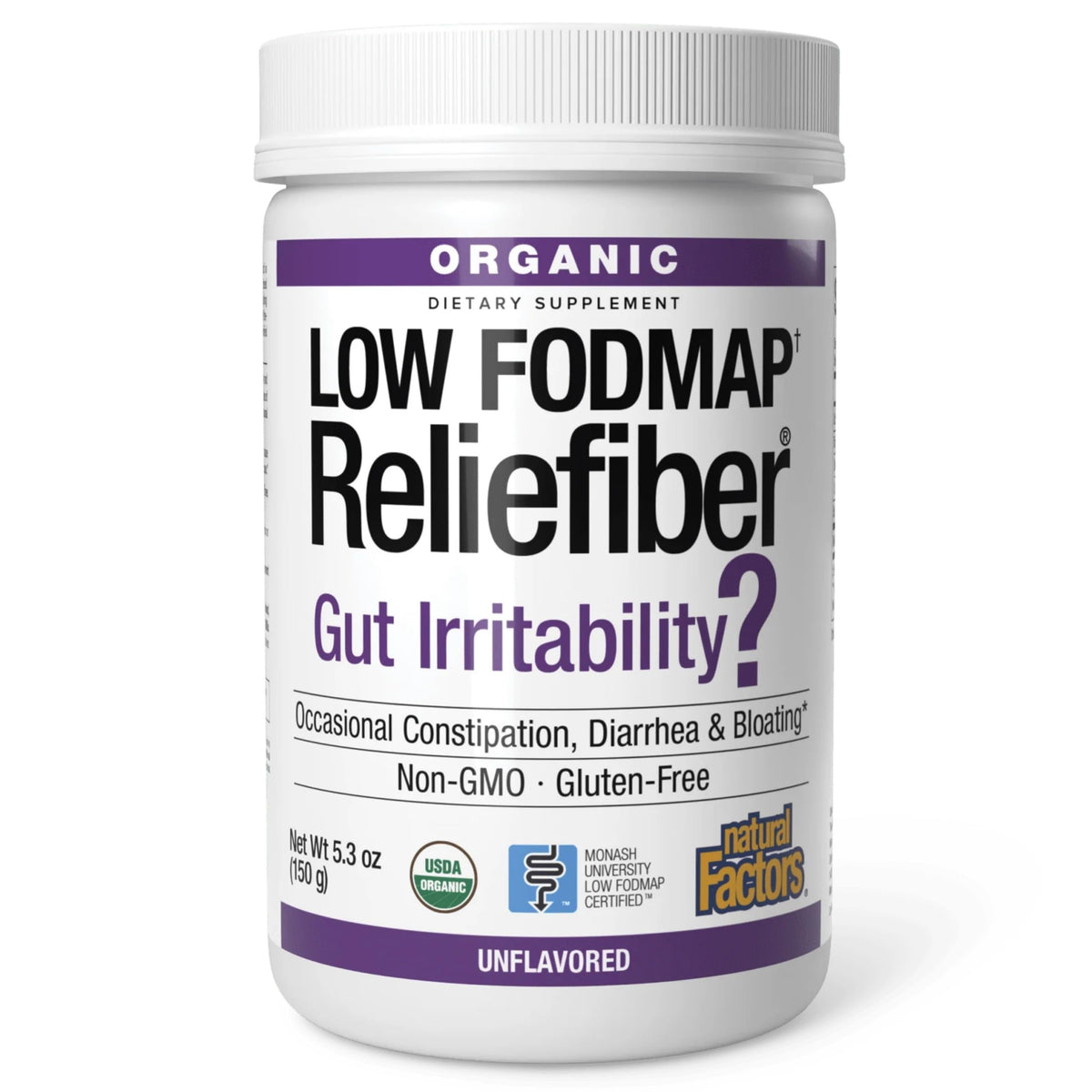 Natural Factors Organic Low FODMAP Reliefiber Powder - Digestive Health Support Supplement with Dietary & Soluble Fiber - Gut Health Support Aids Mild Bloating - Unflavored, 5.3 oz (30 Servings)