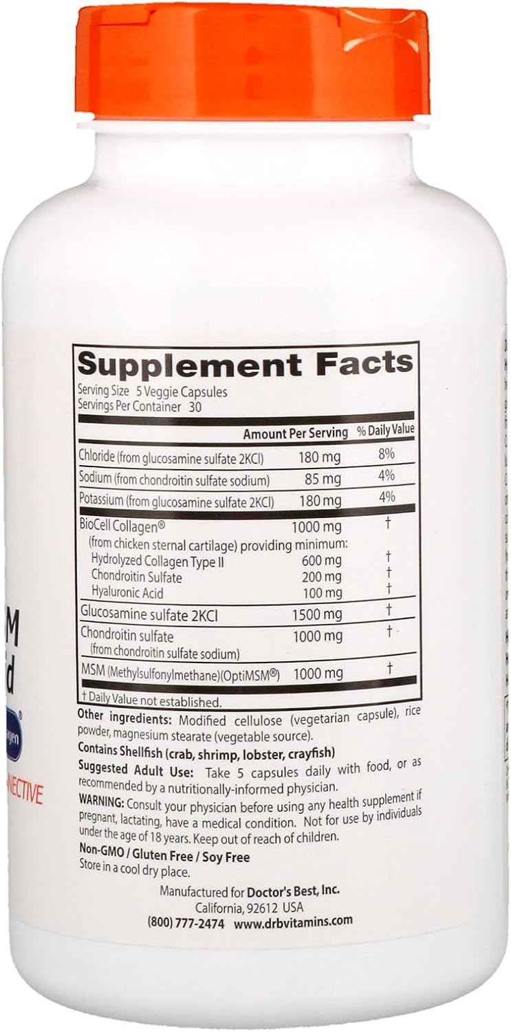 Doctor's Best Glucosamine Chondroitin MSM + Hyaluronic Acid with OptiMSM Featuring Biocell Collagen, Joint Support, Non-GMO, Gluten & Soy Free, 150 Caps