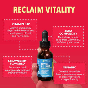 Organic Vitamin B12 Liquid Drops, Strawberry, Enhanced Energy, 1 Fl Oz - USDA Organic Vitamin B12 Liquid Drops, Highly Bioavailable Methylcobalamin for Nervous System Support, 30 Servings, Non-GMO