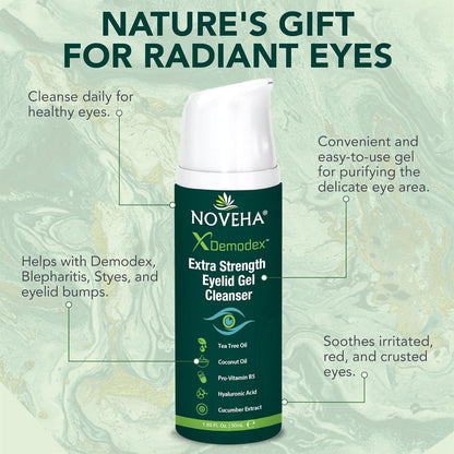 NOVEHA Demodex Extra Strength Eyelid Gel Cleanser – Tea Tree Oil Eyelid Cleanser for Dry Eye, MGD & Itchy Eyelids (3 Pack, 50ml)