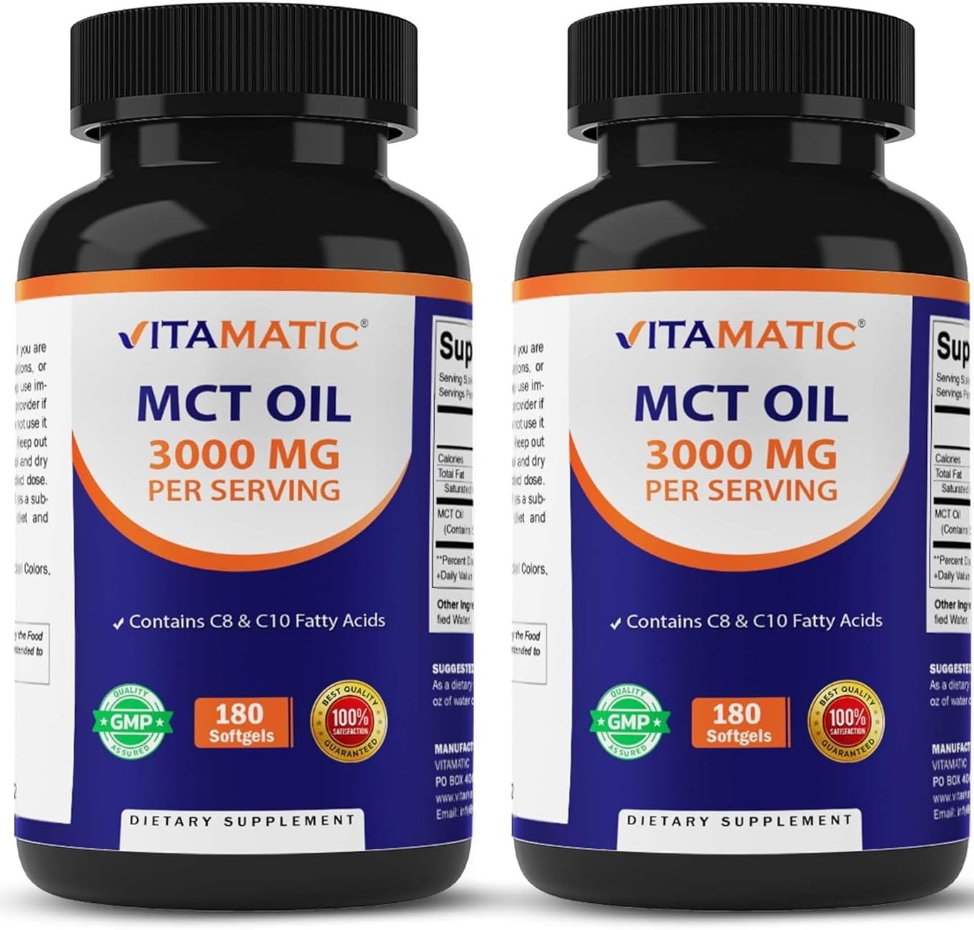 Vitamatic 2 Packs MCT Oil Capsules 3000 mg per Serving - 180 Softgels - from Coconut Oil - Contains 55% caprylic Acid C8 and 40% capric Acid C10 (Total 360 Softgel)