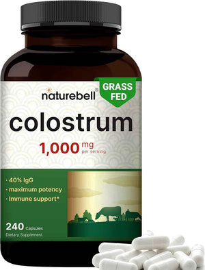 NatureBell Bovine Colostrum Supplement 1,000mg Per Serving, 240 Capsules - 40% IgG Colostrum Powder for Gut Health, Bloating, Skin, Hair & Immune Support - Non-GMO