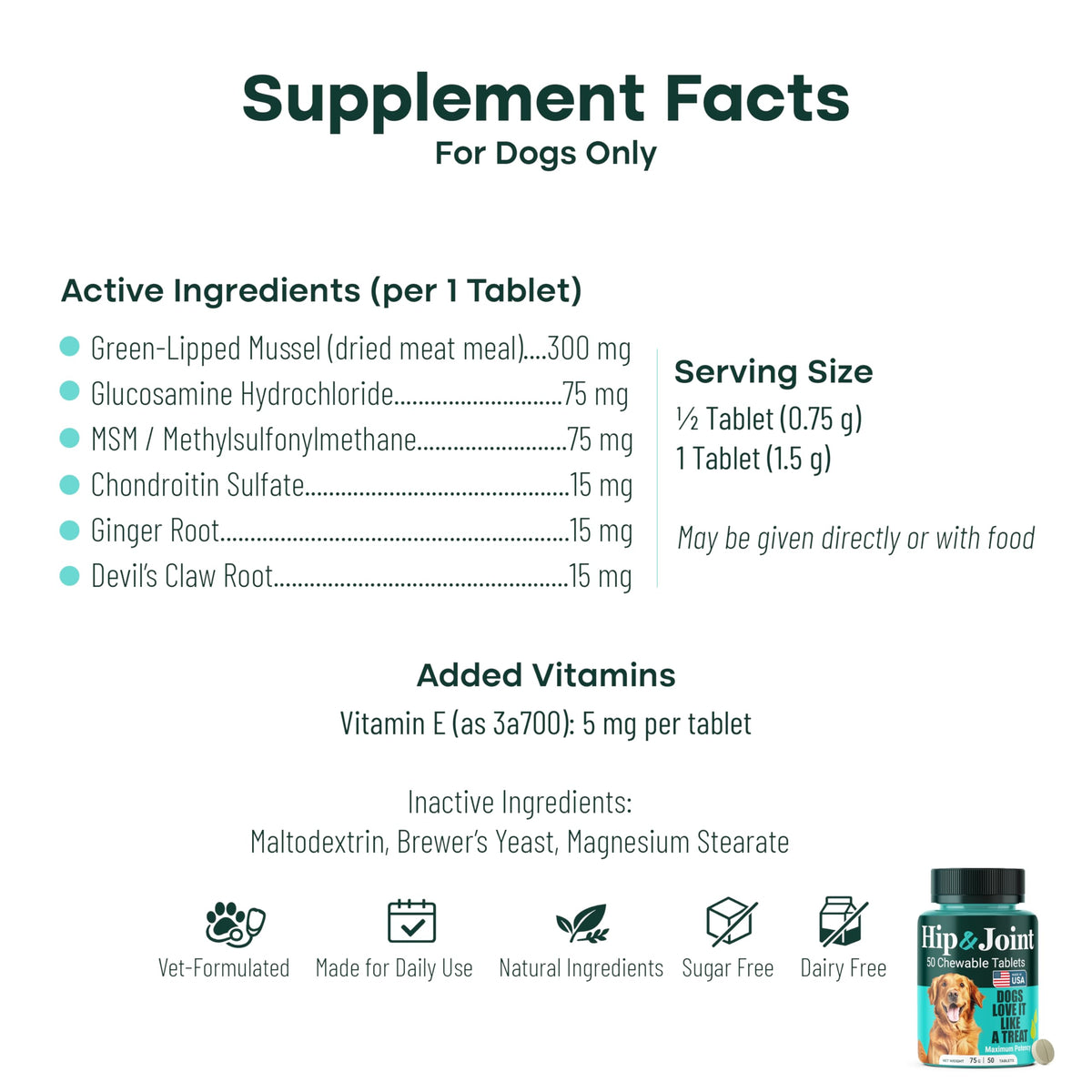 Natureflow Hip & Joint Supplement for Dogs, 300mg Green-Lipped Mussel for Dog Arthritis Pain Relief, Glucosamine, MSM & Chondroitin, Zero Sugar, Large Medium Small Breeds, 50 Chewable Tablets