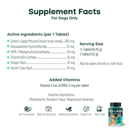Natureflow Hip & Joint Supplement for Dogs, 300mg Green-Lipped Mussel for Dog Arthritis Pain Relief, Glucosamine, MSM & Chondroitin, Zero Sugar, Large Medium Small Breeds, 50 Chewable Tablets