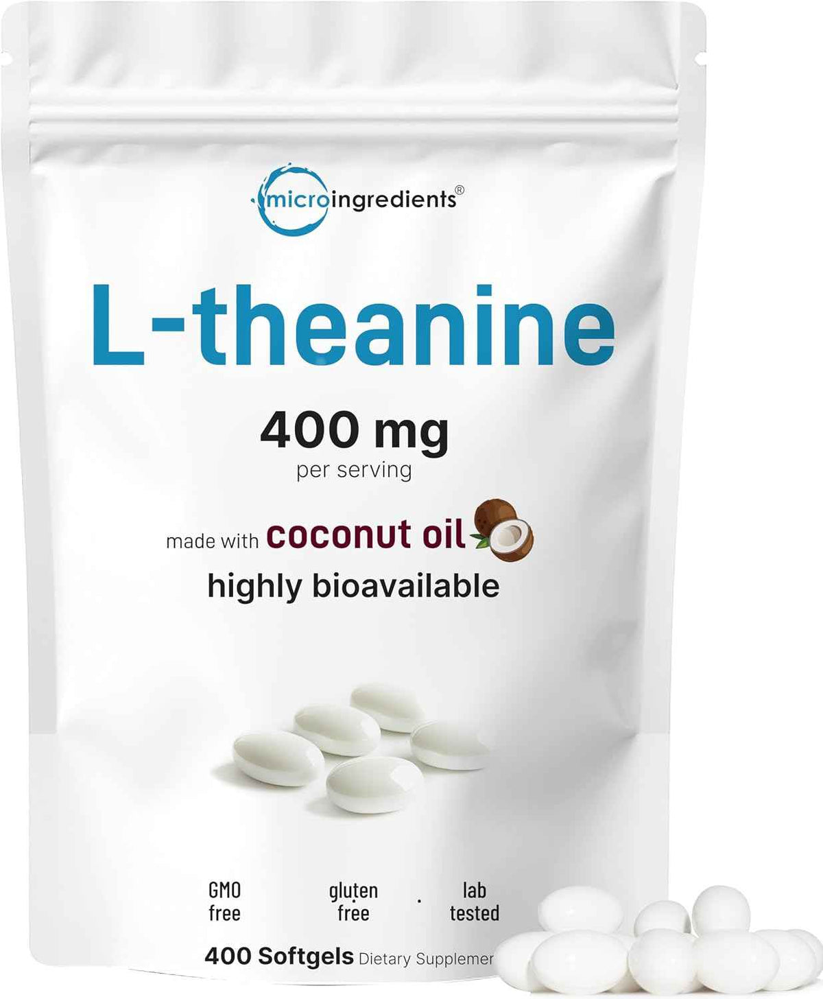 Micro Ingredients L-Theanine 400mg, 400 Softgels - Highly Bioavailable with Coconut Oil - Extra Strength Theanine Amino Acid - Calm & Relaxation Support + Focus Supplement - Non-GMO, Gluten Free