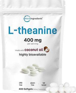 Micro Ingredients L-Theanine 400mg, 400 Softgels - Highly Bioavailable with Coconut Oil - Extra Strength Theanine Amino Acid - Calm & Relaxation Support + Focus Supplement - Non-GMO, Gluten Free